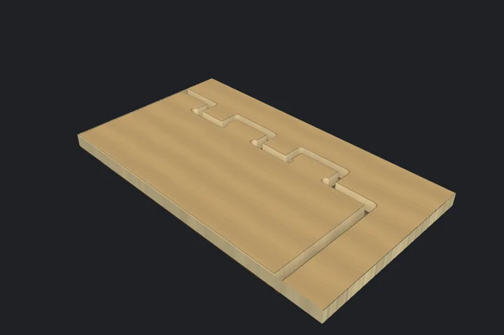 A milled panel with box-joint tabs and slots along its edge