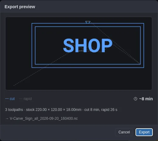 The G-code export preview: cut moves in blue, rapids dashed, with the toolpath count, stock size, an eight-minute cut estimate and the .nc filename