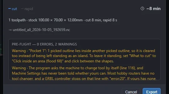 The pre-flight report in RapidCAM's export preview: no errors and two warnings, each written out in a plain sentence