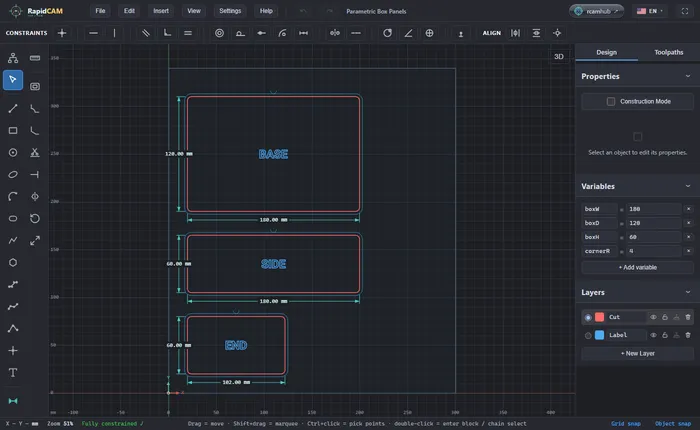 RapidCAM showing three panels, BASE, SIDE and END, with their dimensions on the drawing and four variables in the Variables panel