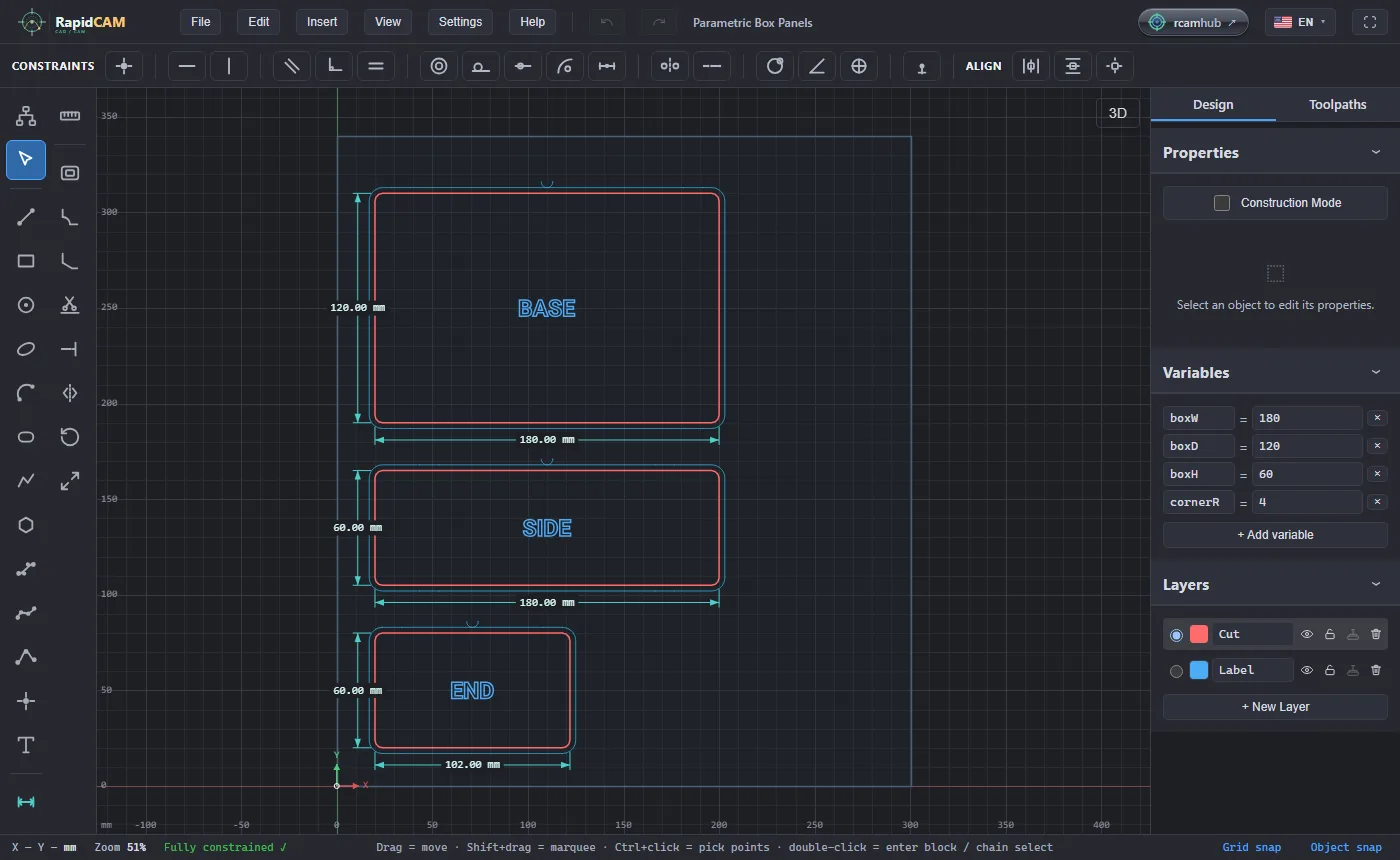RapidCAM showing three panels, BASE, SIDE and END, with their dimensions on the drawing and four variables in the Variables panel