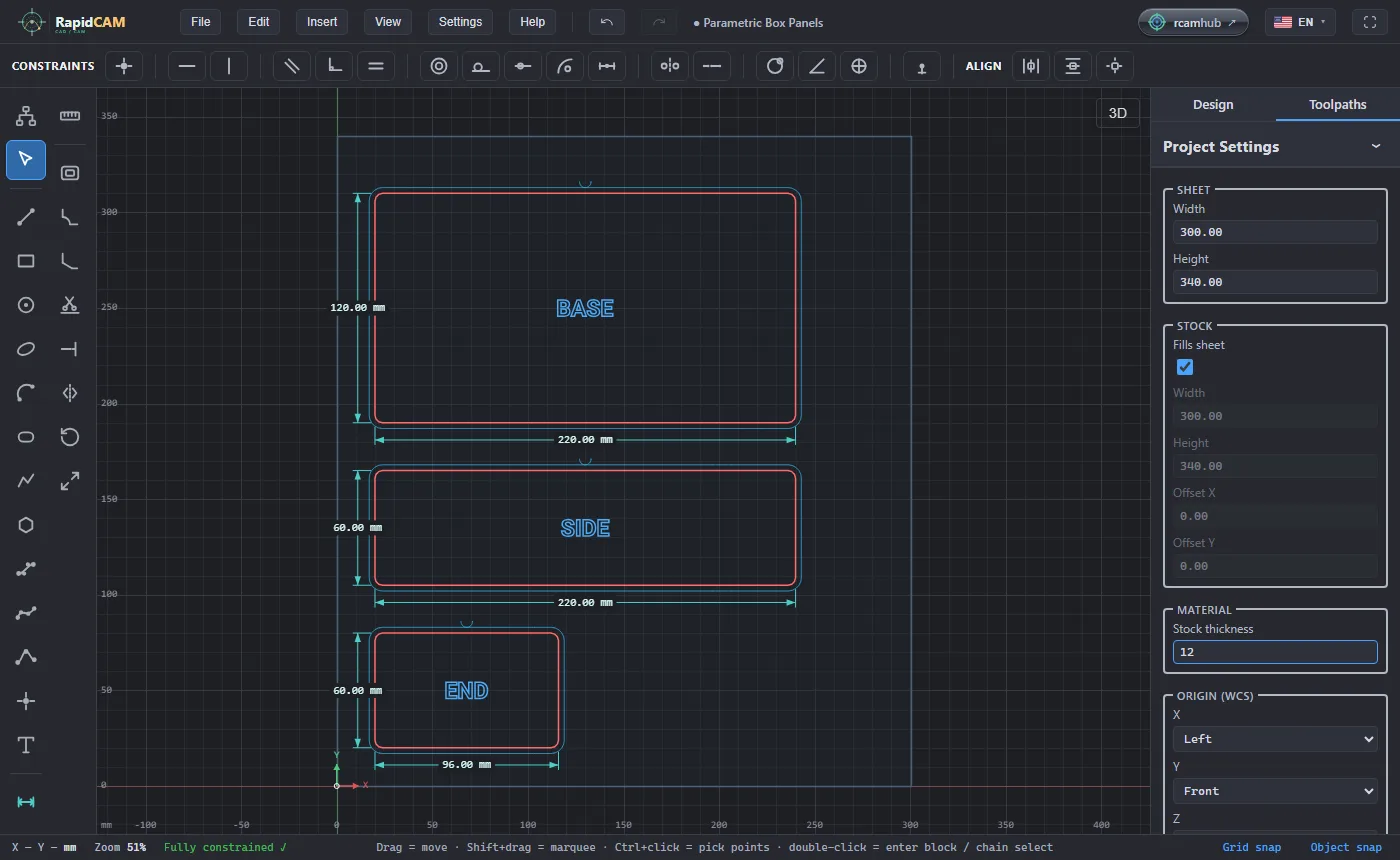 Project Settings open with Stock thickness set to 12, and the END panel now 96 mm wide