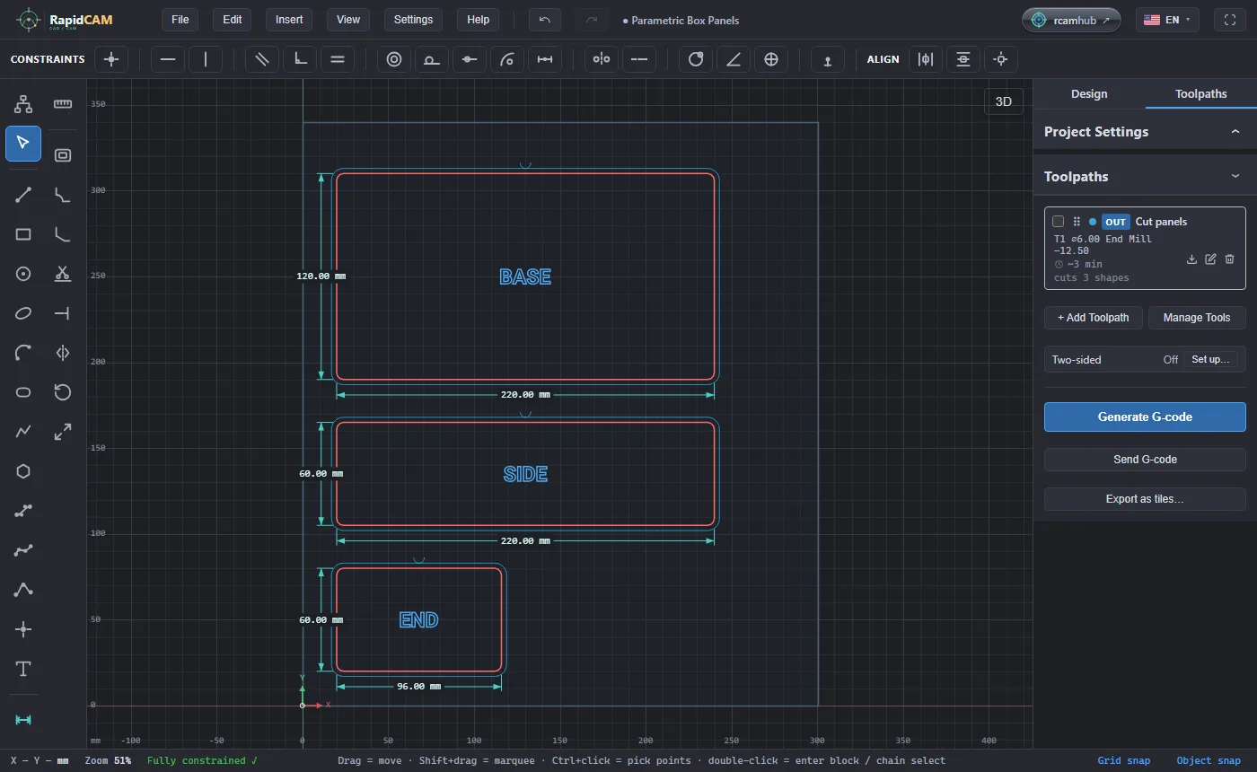 The Toolpaths tab showing the Cut panels toolpath with a depth of minus 12.50