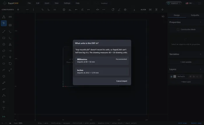 A dialog titled What units is this DXF in, saying the file doesn't record its units and the drawing measures 80 by 50 drawing units, with Millimetres (recommended, imports at 80 by 50 millimetres) and Inches (imports at 2032 by 1270 millimetres)