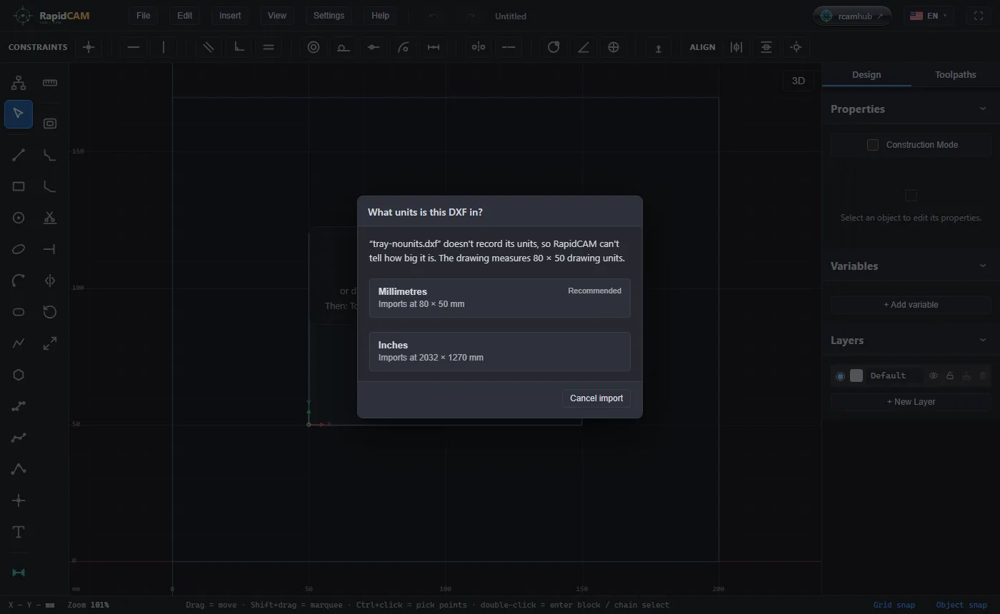 A dialog titled What units is this DXF in, saying the file doesn't record its units and the drawing measures 80 by 50 drawing units, with Millimetres (recommended, imports at 80 by 50 millimetres) and Inches (imports at 2032 by 1270 millimetres)