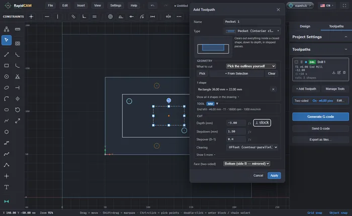 The Add Toolpath dialog for a pocket with the Face two-sided choice set to Bottom, side B, mirrored, and the drawing behind it with two orange pin markers above and below the part