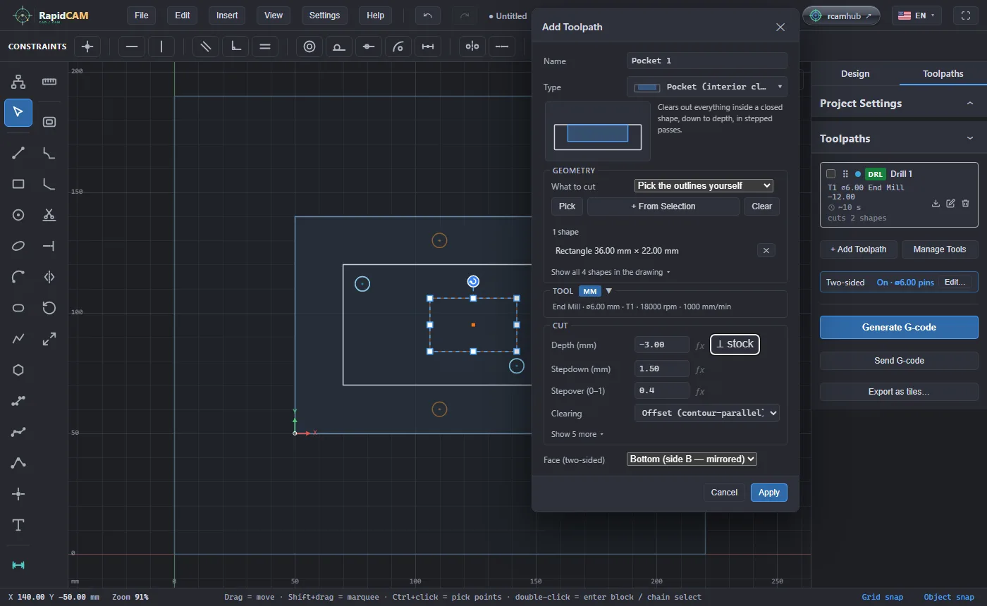 The Add Toolpath dialog for a pocket with the Face two-sided choice set to Bottom, side B, mirrored, and the drawing behind it with two orange pin markers above and below the part