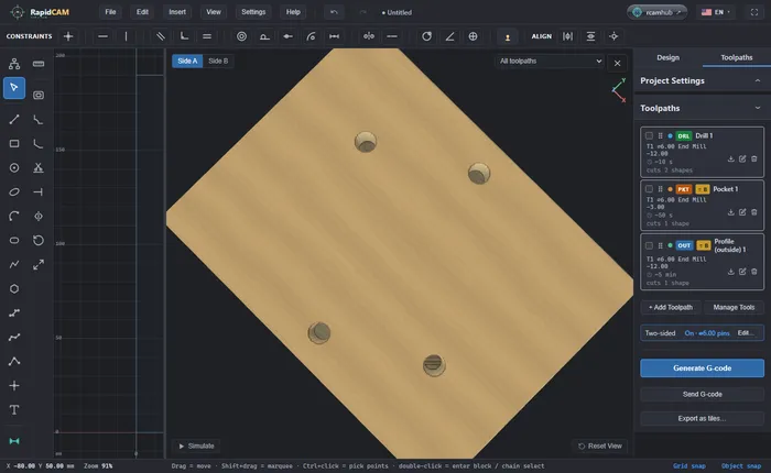 The 3D preview of side A: a wooden block with four round holes, the two drilled holes and the two registration pin holes