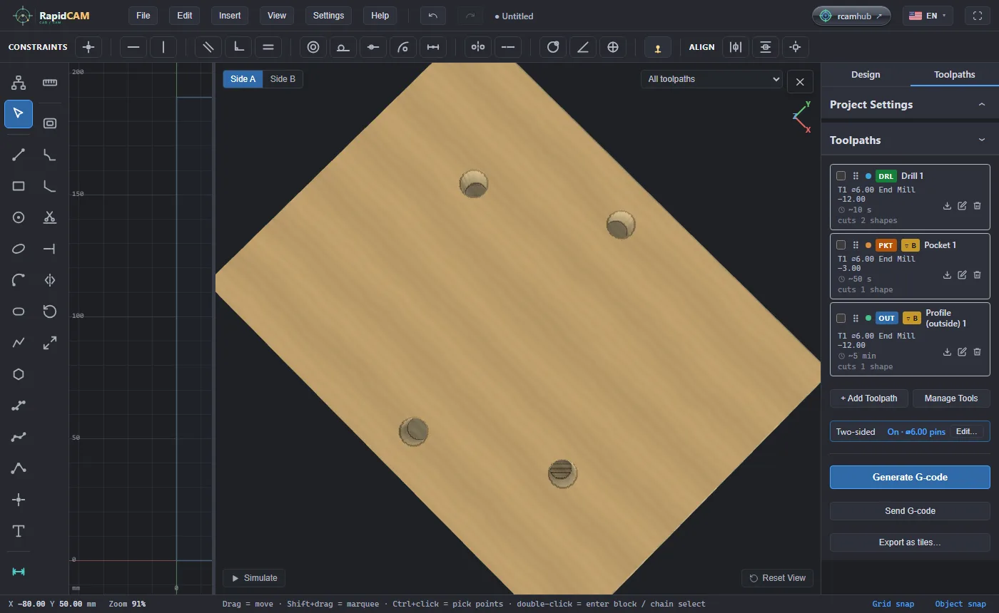 The 3D preview of side A: a wooden block with four round holes, the two drilled holes and the two registration pin holes