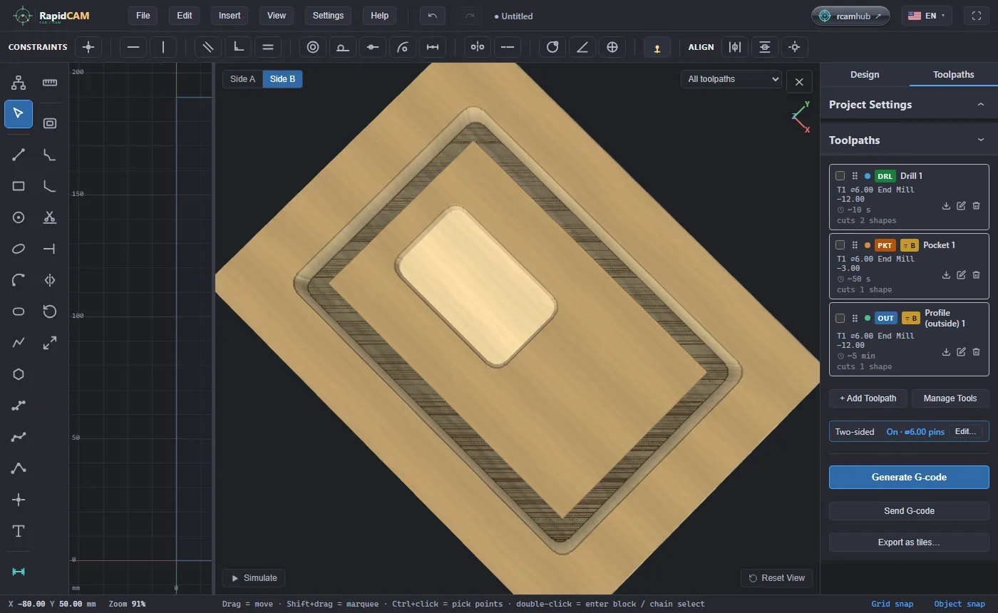 The 3D preview of side B: a recess cut in the face of the part, with the outline groove round it