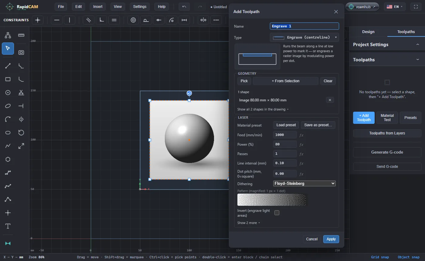 The Add Toolpath dialog set to Engrave with the picture picked, the laser settings, Floyd–Steinberg dithering and a magnified dot pattern
