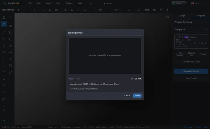 The Export preview dialog for the engraving showing an estimated time and no pre-flight findings
