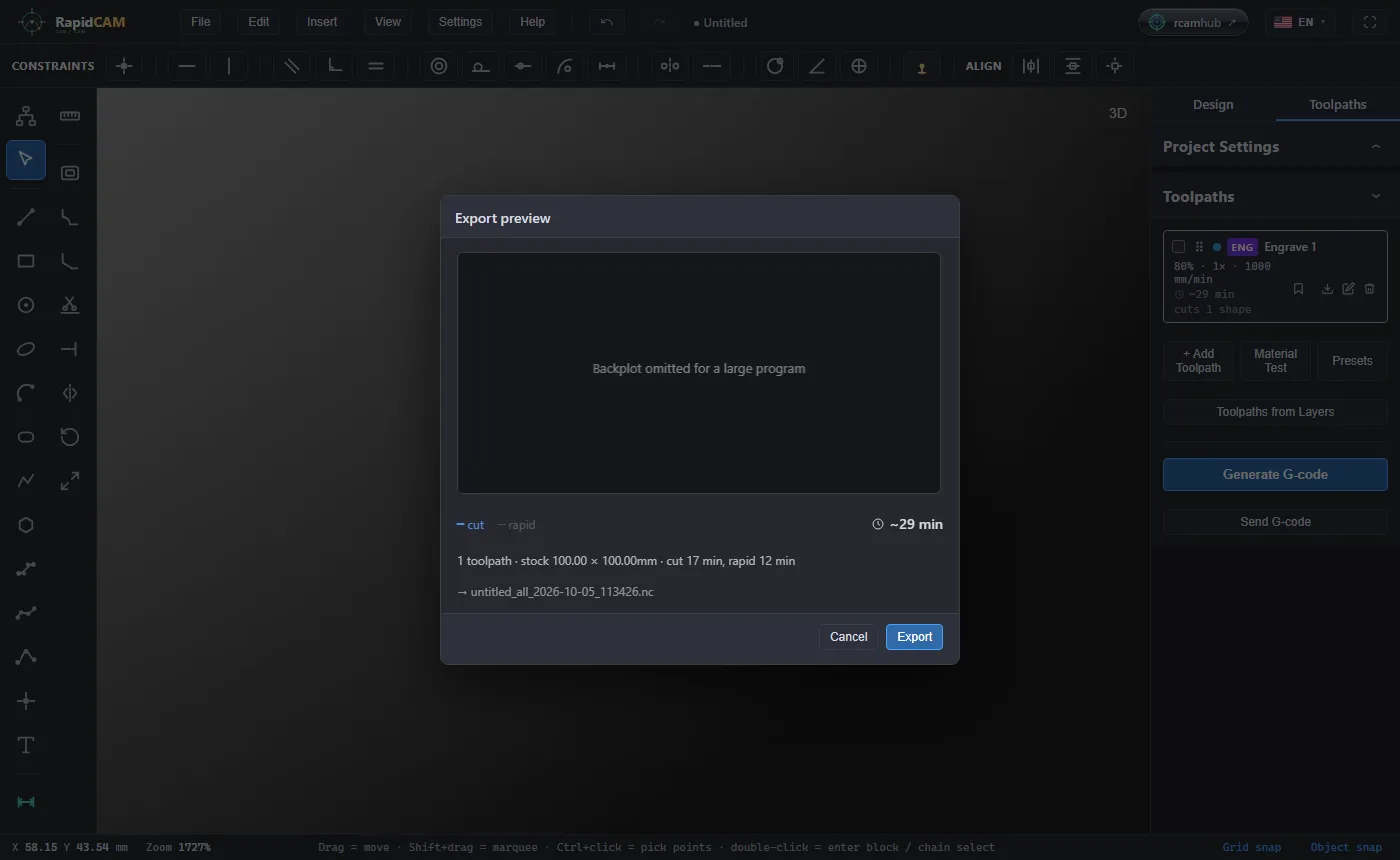 The Export preview dialog for the engraving showing an estimated time and no pre-flight findings