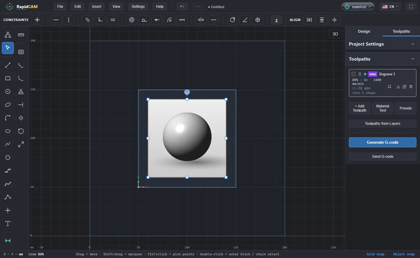 A shaded sphere picture placed in the middle of a 100 millimetre laser blank, selected