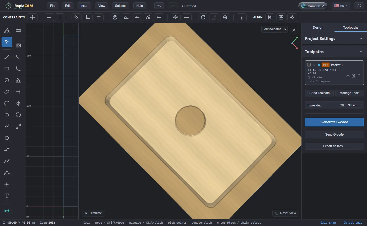 The 3D preview looking down into the rectangular pocket, with a round island standing in the middle of the floor