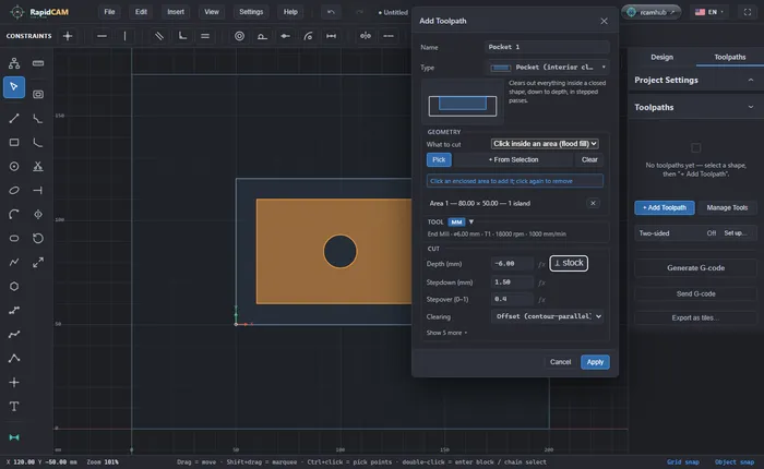 The Add Toolpath dialog for a pocket with What to cut set to Click inside an area, an orange shaded area on the canvas around a circle, and the list reading Area 1, 80 by 50, 1 island