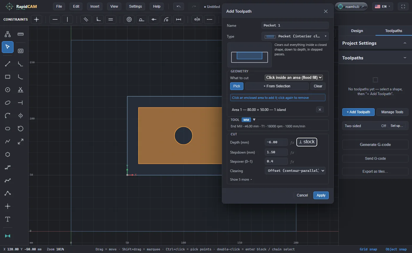 The Add Toolpath dialog for a pocket with What to cut set to Click inside an area, an orange shaded area on the canvas around a circle, and the list reading Area 1, 80 by 50, 1 island