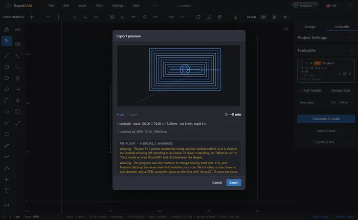 The Export preview showing concentric rectangular rings that pass through a circle in the middle, and a warning that one picked outline lies inside another so it is cleared too instead of being left standing as an island
