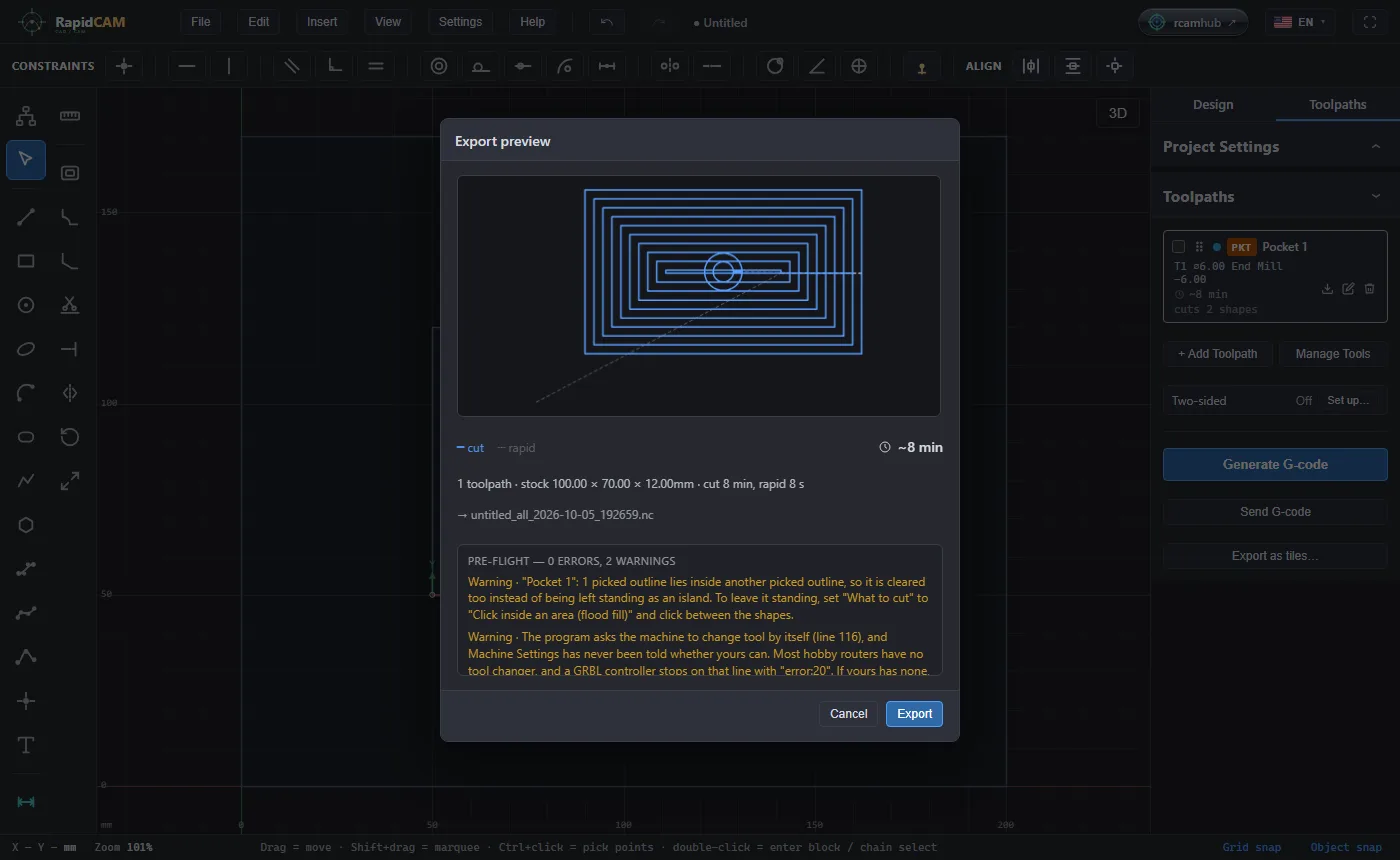 The Export preview showing concentric rectangular rings that pass through a circle in the middle, and a warning that one picked outline lies inside another so it is cleared too instead of being left standing as an island