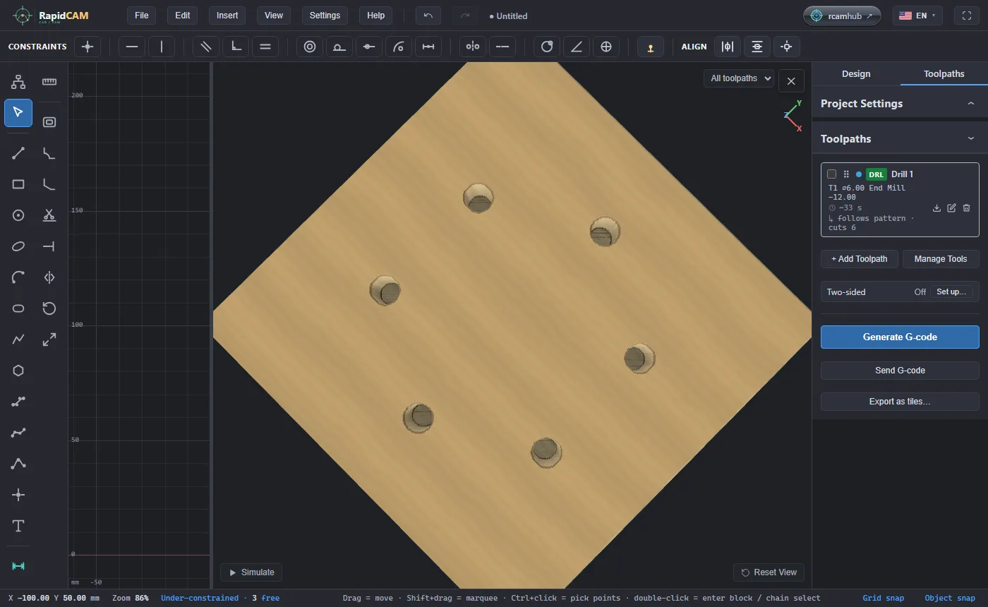 The 3D preview looking down on the blank with six round holes evenly spaced on a ring