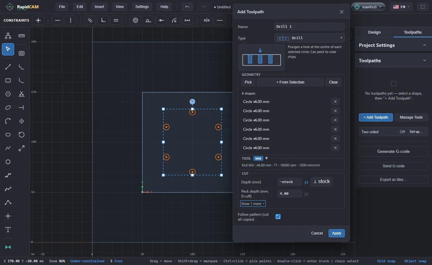The Add Toolpath dialog for Drill with six circles listed, depth minus stock, peck depth 4 and Follow pattern ticked