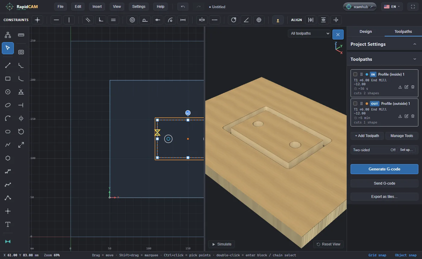 The 3D preview: the plate cut out of oak with two holes, beside the drawing and the toolpath list