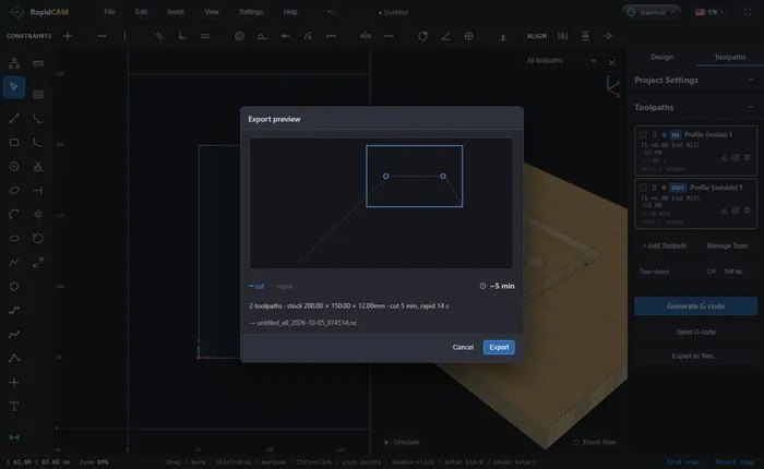 The Export preview dialog showing the toolpath, two toolpaths, the estimated time and the file name, with no pre-flight findings