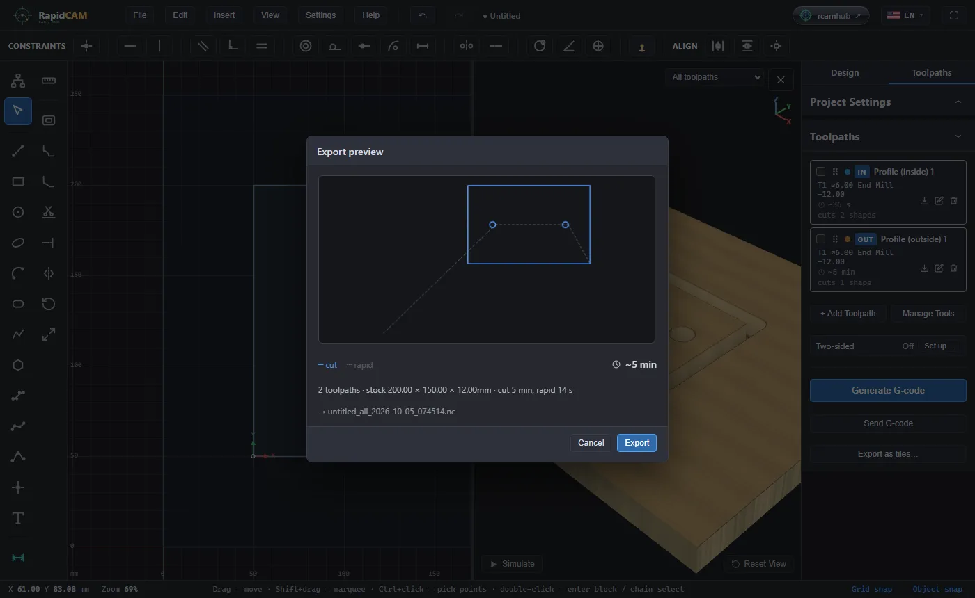 The Export preview dialog showing the toolpath, two toolpaths, the estimated time and the file name, with no pre-flight findings