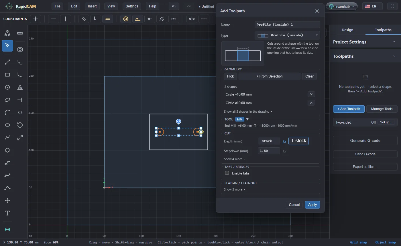 The Add Toolpath dialog set to Profile (inside) with two circles picked and depth set to the stock thickness