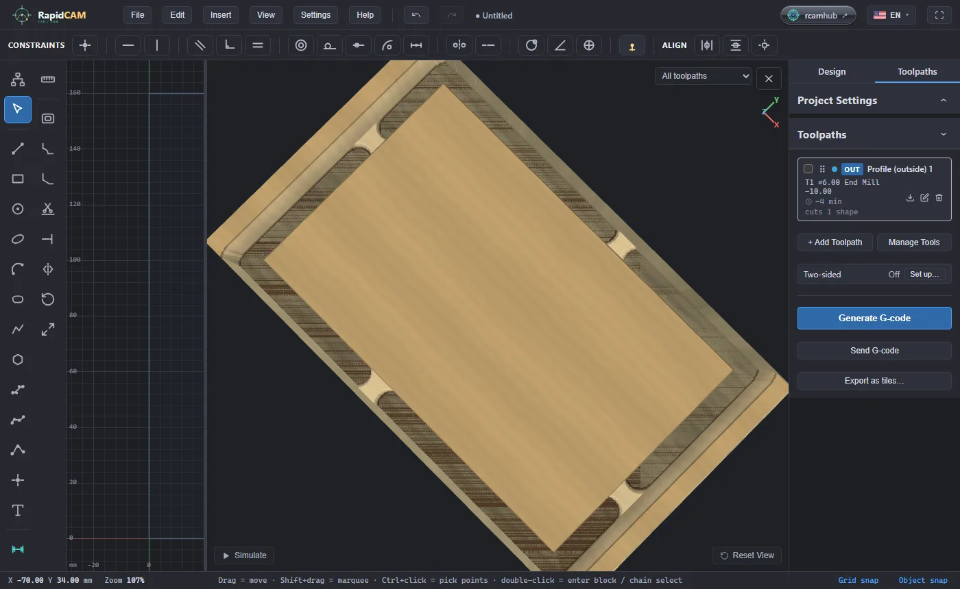 The 3D preview looking down on the cut plate, with four pale bridges across the groove around it