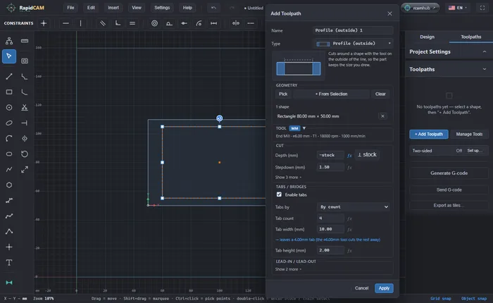 The Add Toolpath dialog for Profile (outside) with Enable tabs ticked, Tabs by By count, Tab count 4, Tab width 10 and Tab height 2, and a blue line saying it leaves a 4 millimetre tab
