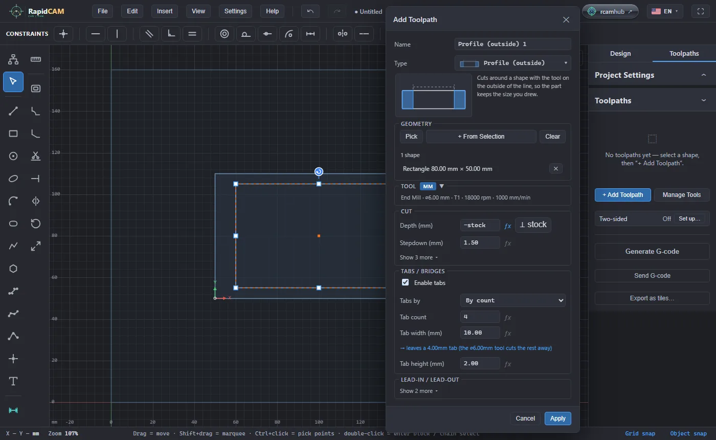 The Add Toolpath dialog for Profile (outside) with Enable tabs ticked, Tabs by By count, Tab count 4, Tab width 10 and Tab height 2, and a blue line saying it leaves a 4 millimetre tab