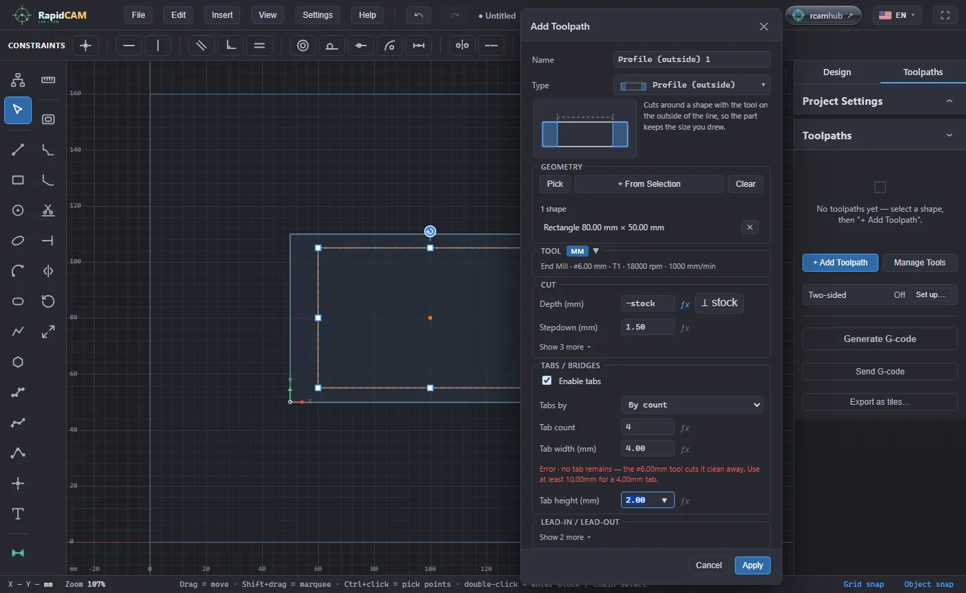 The same dialog with Tab width set to 4, and a red line saying no tab remains and to use at least 10 millimetres