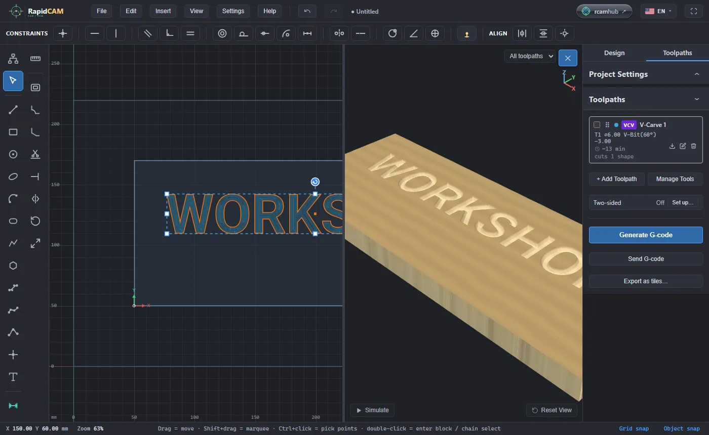 The 3D preview of the word WORKSHOP V-carved into oak, beside the drawing and the V-Carve toolpath card