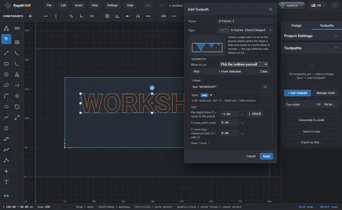 The Add Toolpath dialog set to V-Carve with the text picked, the tool line reading V-Bit 6 millimetres 60 degrees, and a flat depth of minus 3