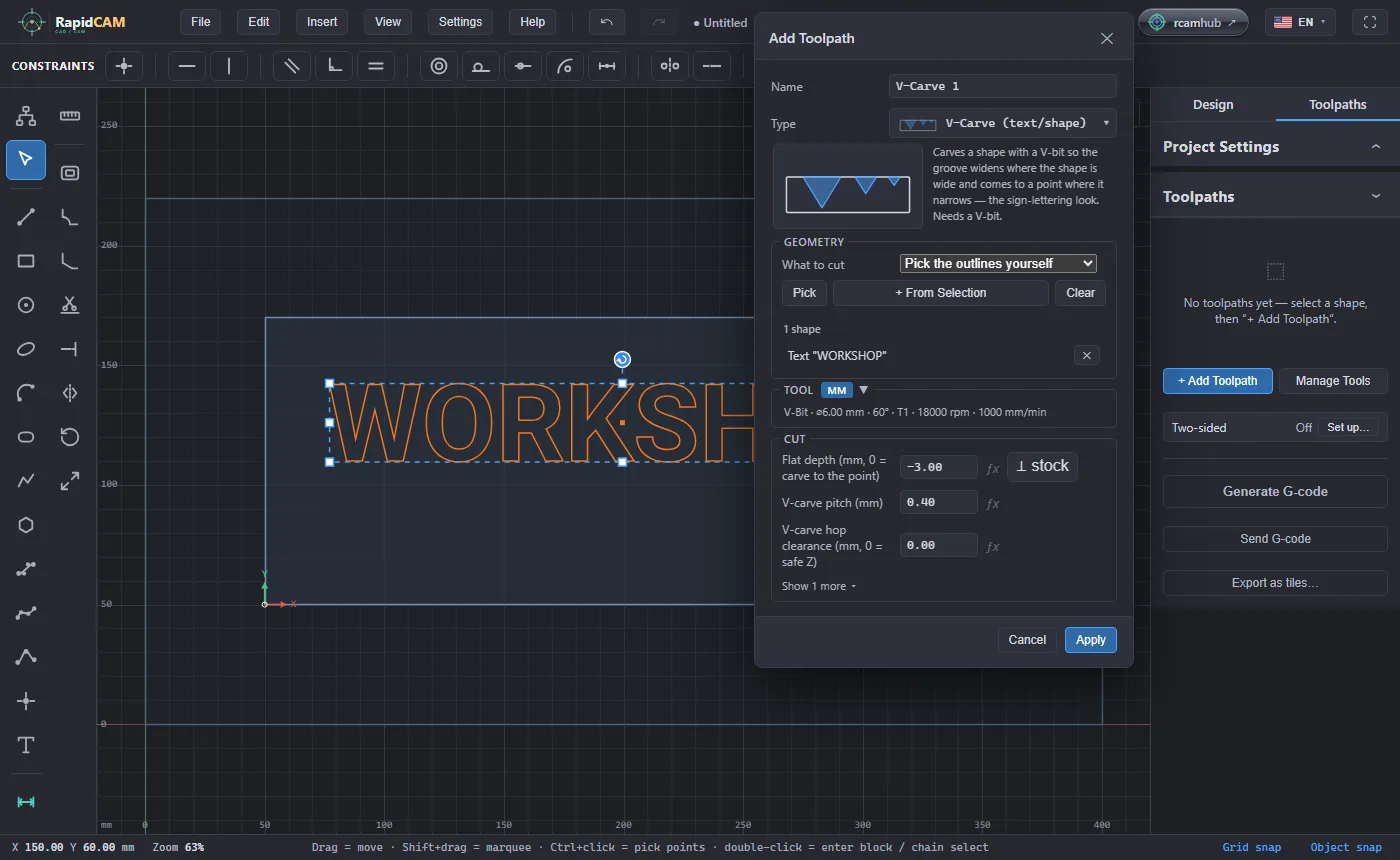 The Add Toolpath dialog set to V-Carve with the text picked, the tool line reading V-Bit 6 millimetres 60 degrees, and a flat depth of minus 3