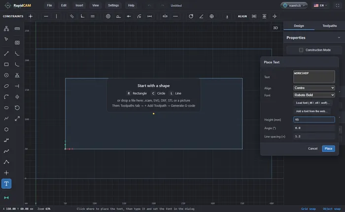 The Place Text dialog with WORKSHOP typed, centre alignment, Roboto Bold and a height of 45