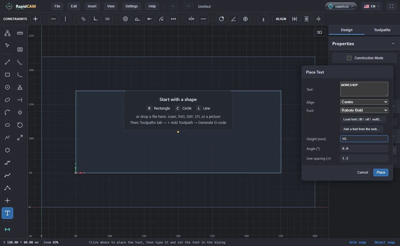 The Place Text dialog with WORKSHOP typed, centre alignment, Roboto Bold and a height of 45