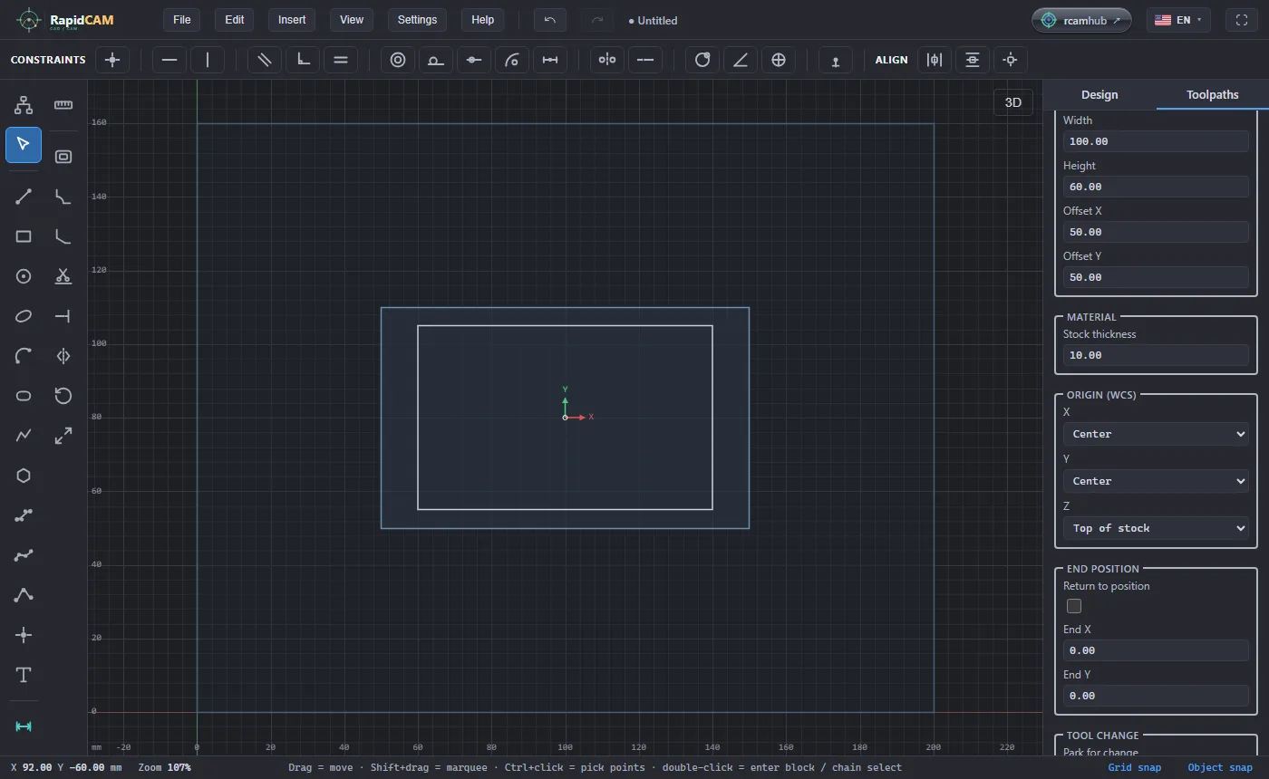 Project Settings open on the Toolpaths tab with the Origin pickers set to Center and Center, and the axes moved to the middle of the stock