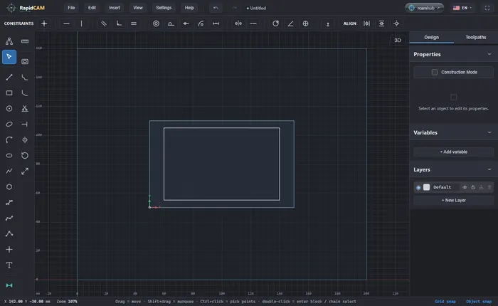 A lighter 100 by 60 millimetre stock inside the larger sheet, with an 80 by 50 millimetre rectangle inside it and red and green axes at the stock's front-left corner