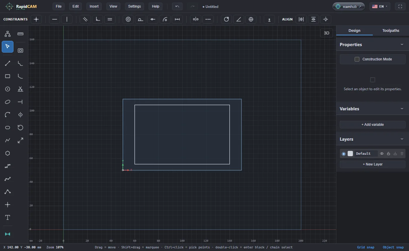 A lighter 100 by 60 millimetre stock inside the larger sheet, with an 80 by 50 millimetre rectangle inside it and red and green axes at the stock's front-left corner