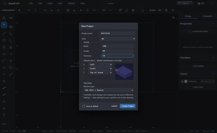 The New Project dialog with a 100 by 60 millimetre stock, 10 millimetres thick, and the Origin section set to Left, Front and Top of stock beside a small diagram of a block