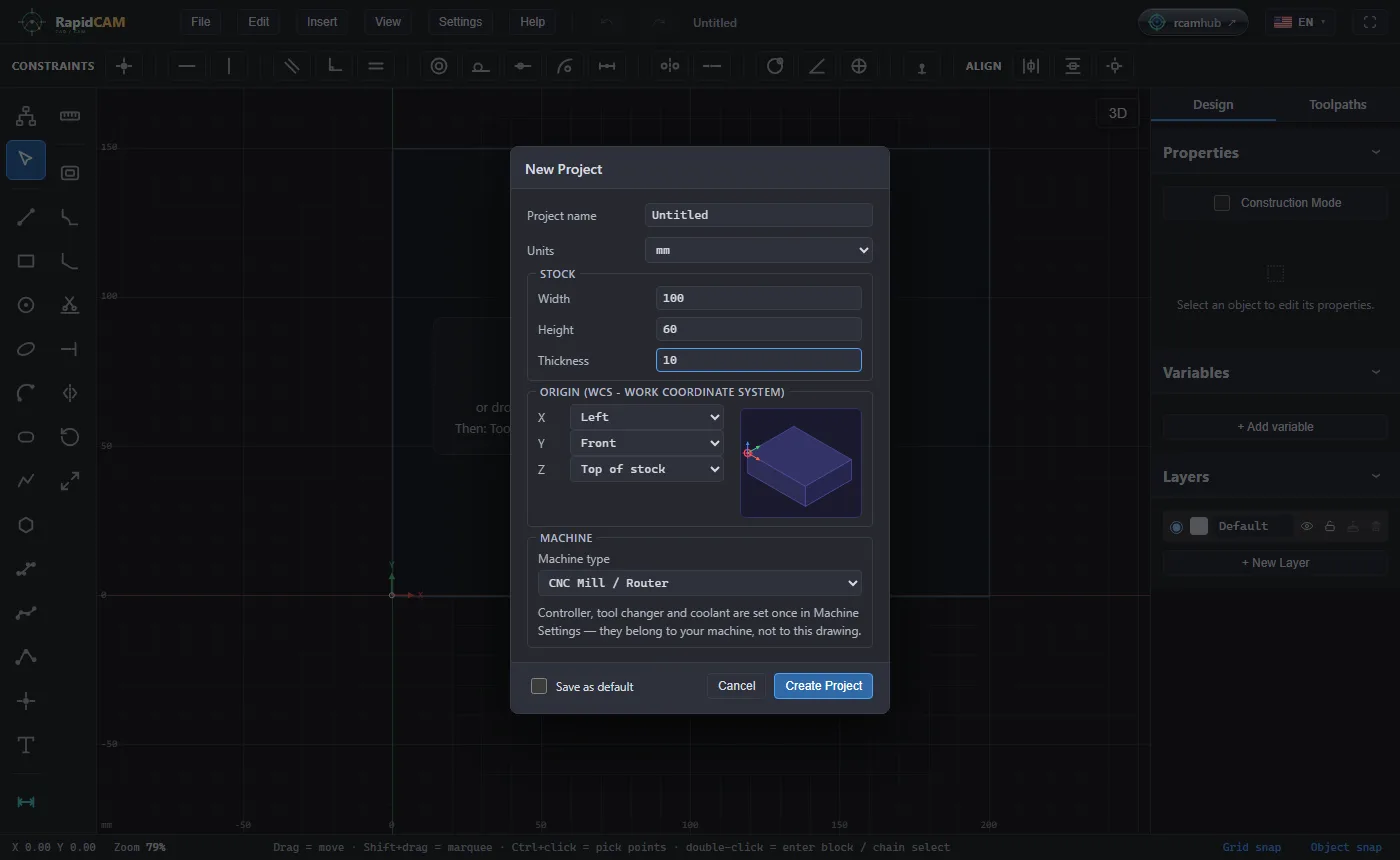 The New Project dialog with a 100 by 60 millimetre stock, 10 millimetres thick, and the Origin section set to Left, Front and Top of stock beside a small diagram of a block