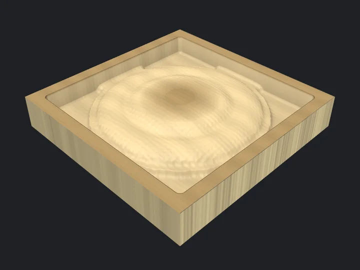 A relief medallion carved from a greyscale heightmap: a smooth domed relief inside a square pocket