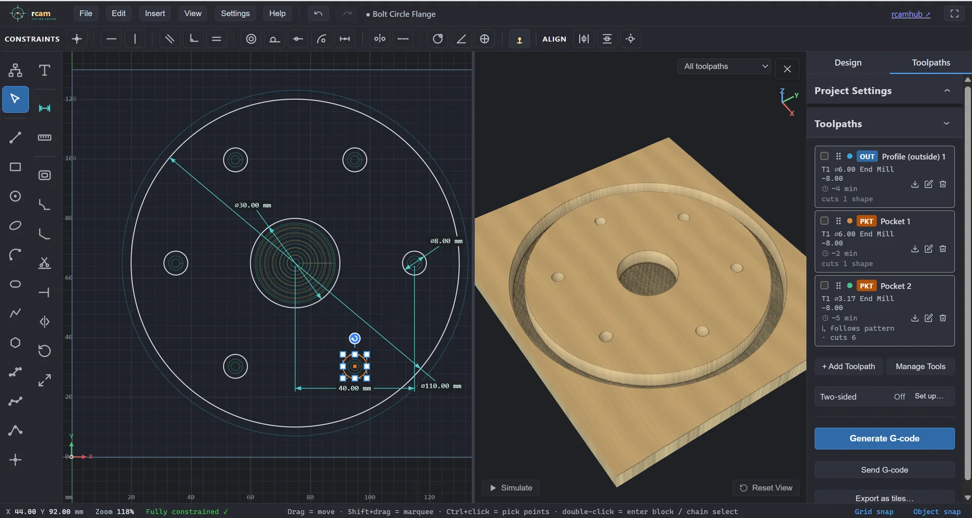 The RapidCAM editor: a constrained bolt-circle flange, its cut simulated in 3D, and its toolpath list